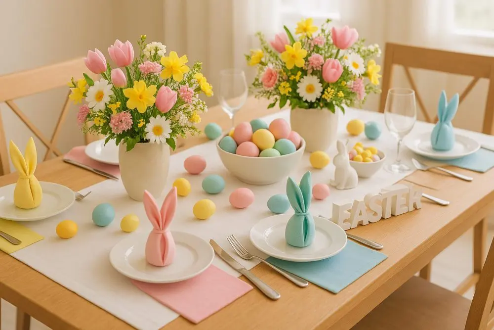 Festive Easter table with pastel decorations and spring flowers.