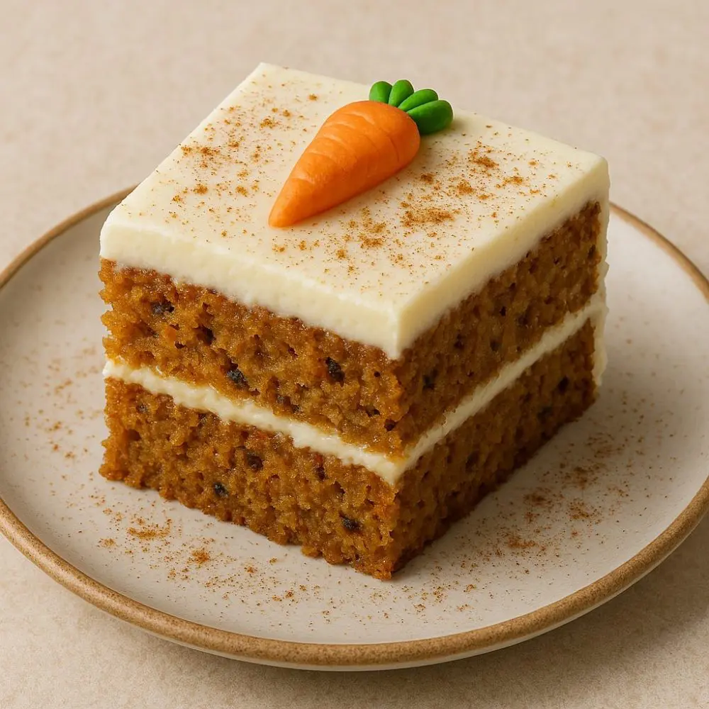 A slice of carrot cake topped with cream cheese frosting and a fondant carrot.