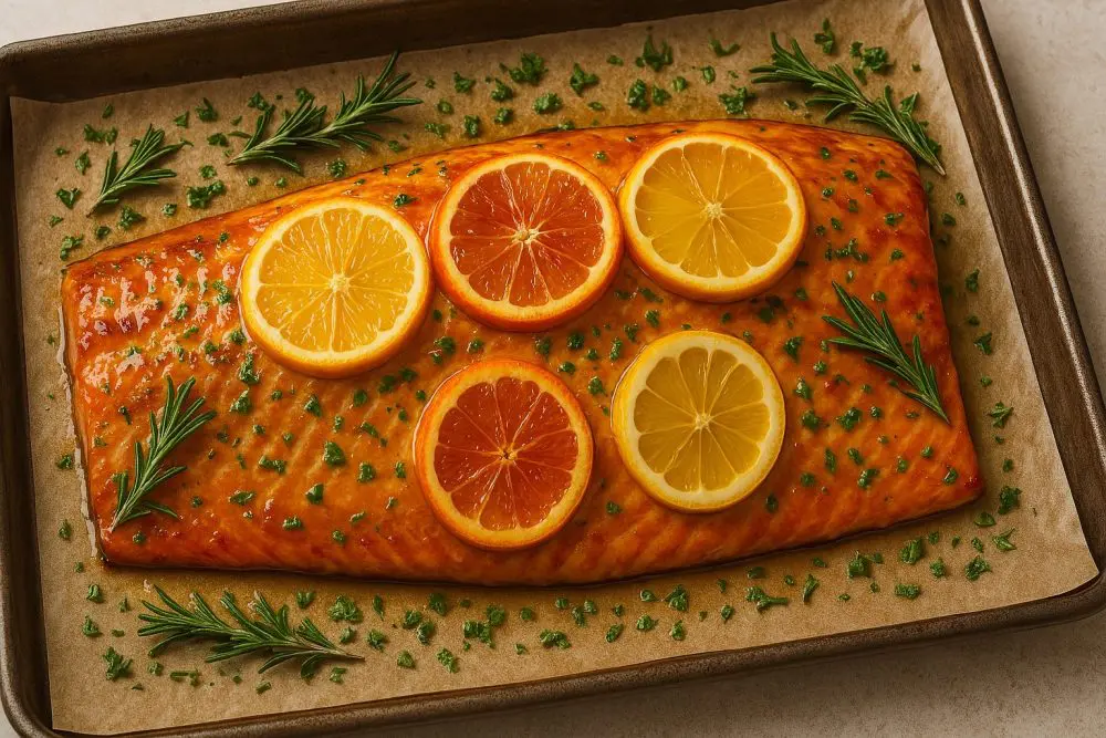 Salmon fillet coated in maple glaze and citrus slices, ready for roasting.