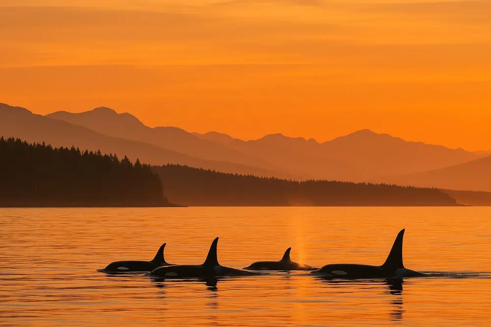 Pod of resident orcas swimming near Vancouver Island with mountains in background at sunset