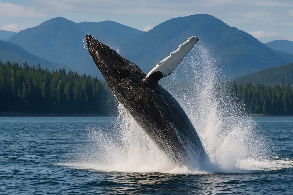 Humpback whale breaching with spectacular splash against backdrop of Canadian coastline with forested mountains