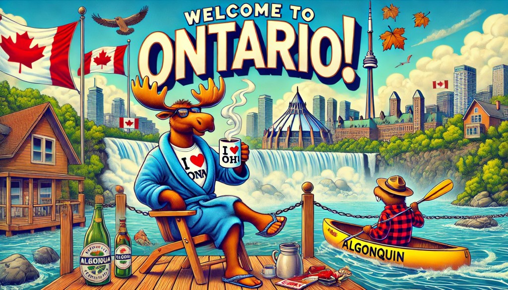 A vibrant and humorous illustration of Ontario’s identity, featuring a laid-back moose sipping coffee on a dock. Niagara Falls cascades in the background, with a large "Welcome to Ontario!" sign overhead. A beaver paddles a canoe labeled "Algonquin," while Canadian flags wave against a backdrop of Toronto’s skyline. This fun depiction captures Ontario’s nature, cityscape, and culture in one scene.