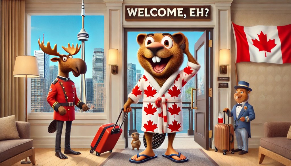 A fun, welcoming illustration of a beaver character checking into a luxury boutique hotel in Toronto. Dressed in a maple leaf robe and flip-flops, he rolls a suitcase while being greeted by a bellhop beaver in a stylish uniform. A moose in a Mountie uniform stands nearby, symbolizing Canadian hospitality. The CN Tower and Toronto’s skyline can be seen through the window, emphasizing the city’s upscale staycation options.