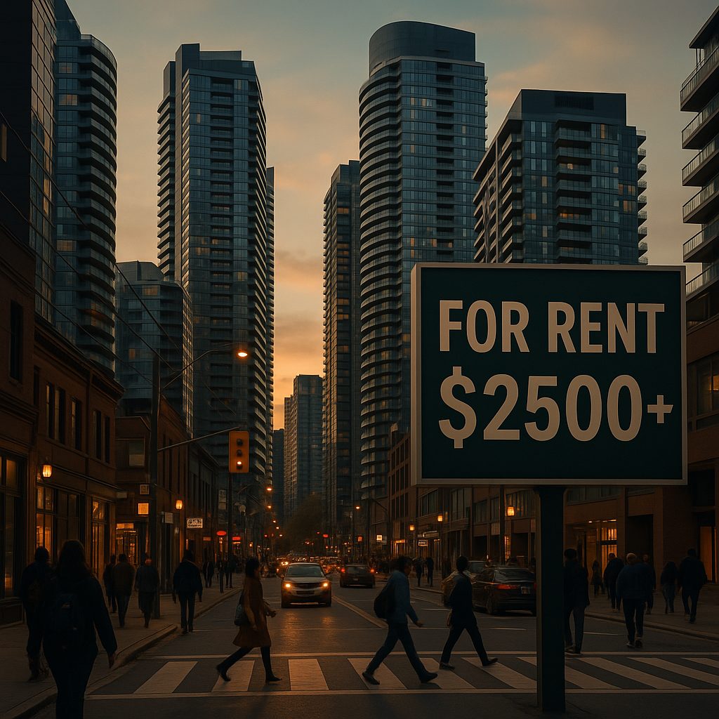 A downtown Toronto street scene with modern condo towers and a large “For Rent $2500+” sign, bustling pedestrians, realistic evening light.