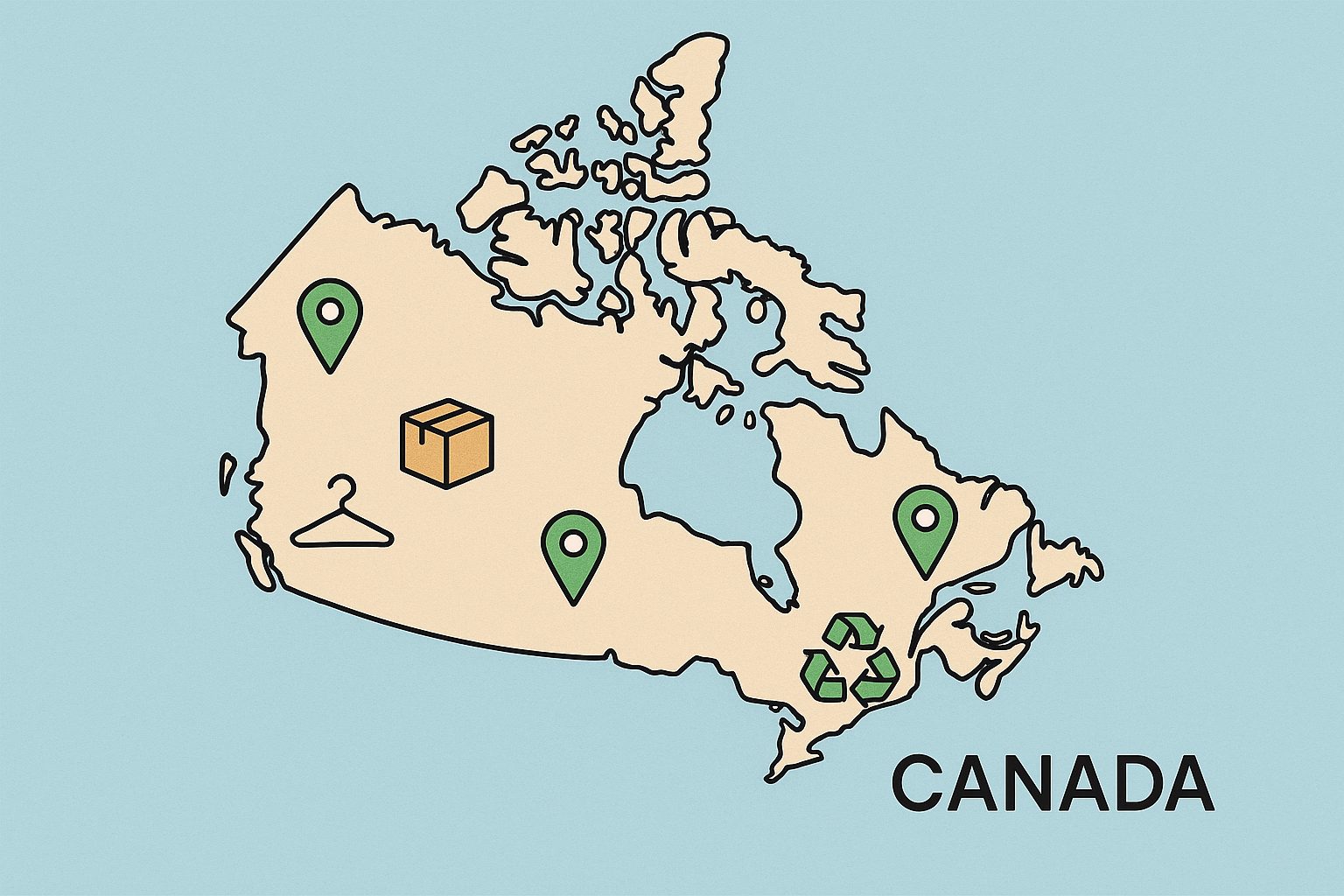 Illustrated map of Canada showing various icons related to secondhand shopping—green location pins across provinces, a shipping box in the central region, a hanger in the west, and a recycling symbol in Ontario—representing thrift logistics, local pickup, and sustainability initiatives