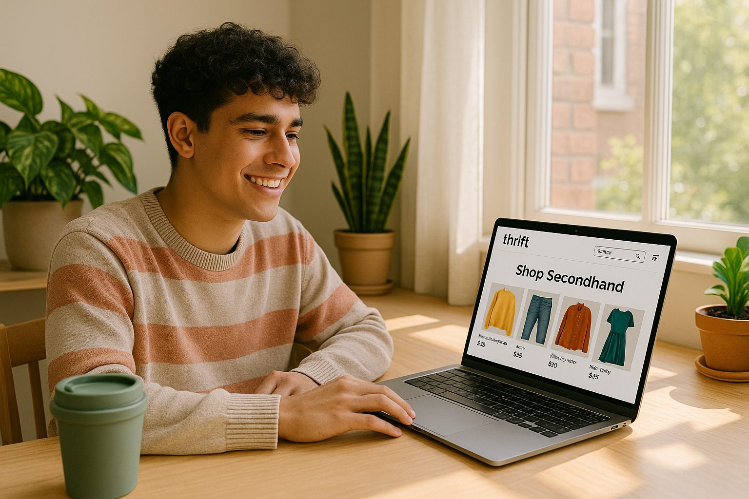 A young man sitting at a wooden table smiling while browsing an online secondhand store on a laptop. The screen shows a website labeled 'thrift' with images of thrifted clothes including a yellow sweater, blue jeans, and green dress.