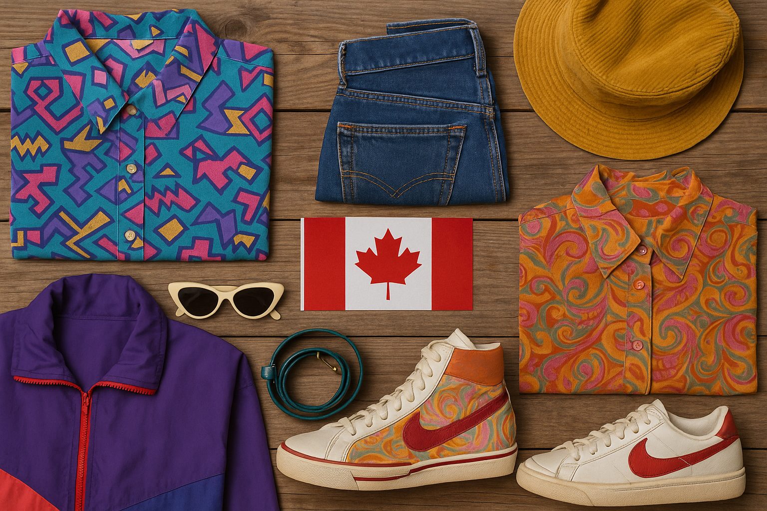 Flat lay of thrifted vintage clothing and accessories with a Canadian flag at the center. Items include retro shirts, denim jeans, colorful sneakers, sunglasses, a hat, and a belt—symbolizing Canada’s secondhand fashion scene.
