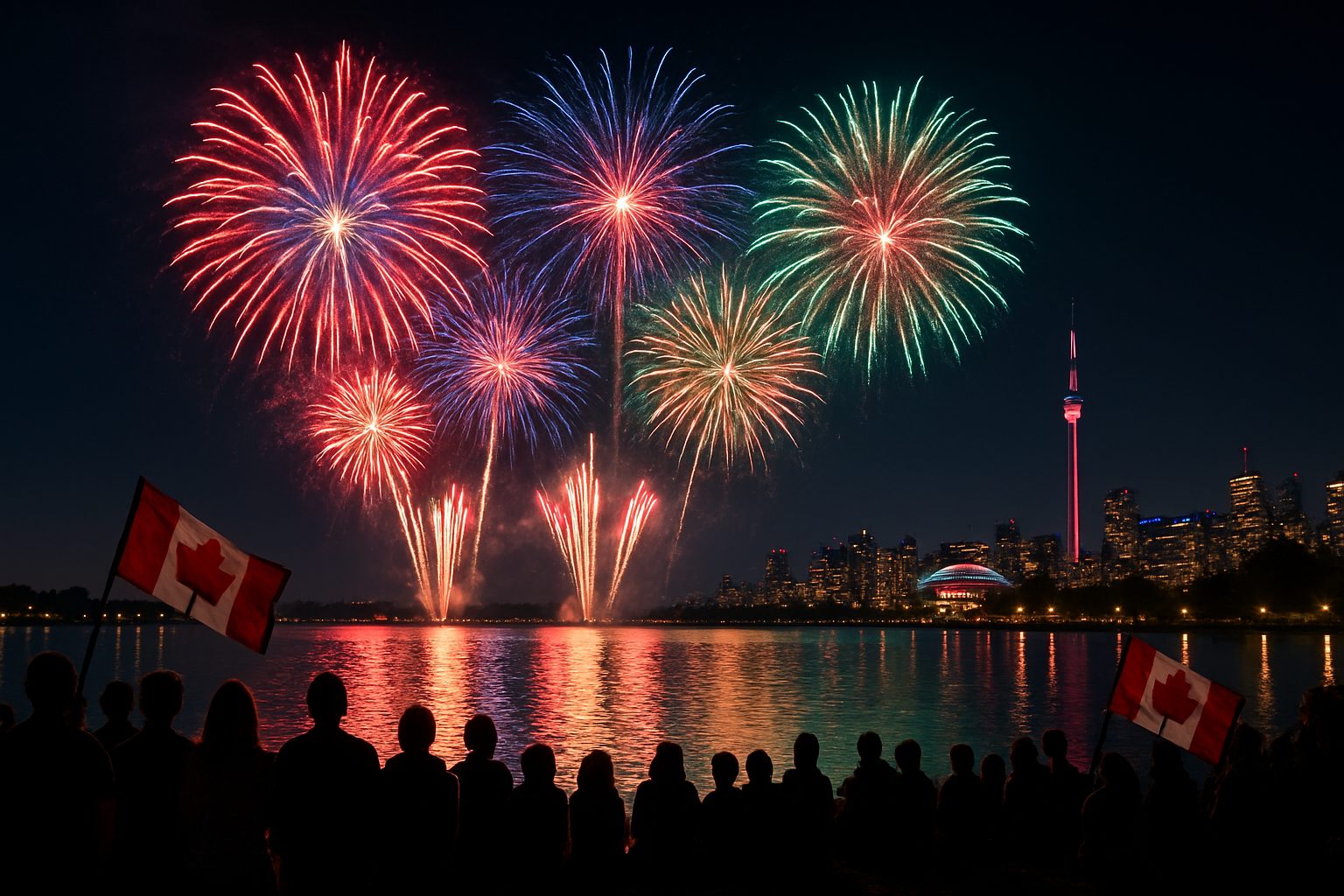 A night view of Toronto's Ashbridges Bay during Victoria Day celebrations with spectacular fireworks bursting in the sky above. The image should show colorful explosions reflecting on the water, with silhouettes of spectators along the shoreline. The CN Tower should be visible in the distance, creating an iconic Toronto skyline backdrop. Canadian flags should be visible among the crowd, and the overall atmosphere should capture the excitement and festive spirit of this beloved Victoria Day tradition.