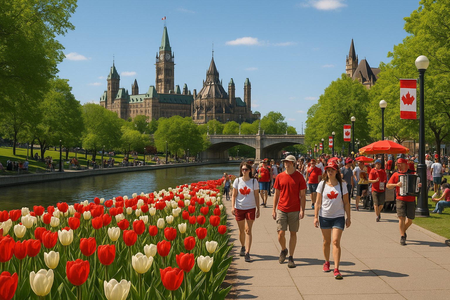 A sunny Victoria Day scene in downtown Ottawa with the historic Rideau Canal in the foreground lined with vibrant red and white tulips in full bloom. People are strolling along the canal pathways, some wearing Canadian-themed attire. Street performers and food vendors create a festive atmosphere, while the iconic Parliament Hill buildings rise majestically in the background under a clear blue spring sky. Canadian flags flutter in the gentle breeze, and families are seen enjoying picnics on the grassy areas, capturing the daytime celebrations and community spirit of Victoria Day weekend in the nation's capital.